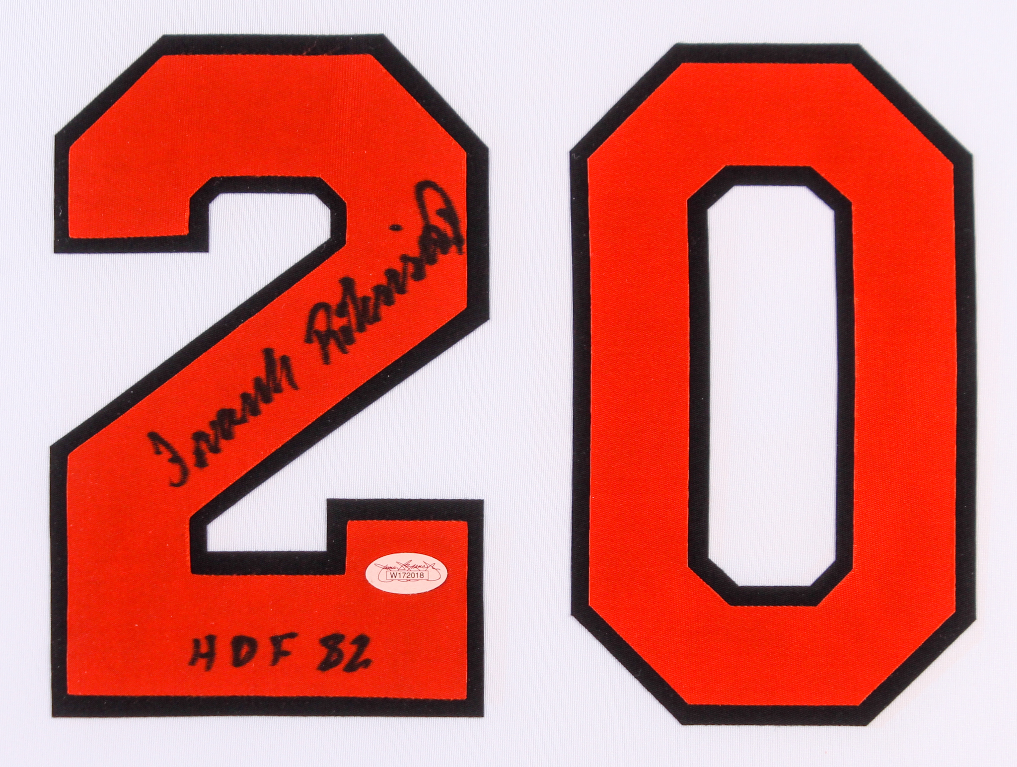 Frank Robinson Signed Orioles 35.5x43.5 Custom Framed Jersey Display Inscribed "HOF 82" (JSA) at PristineAuction.com Frank Robinson Signed Orioles 35.5x43.5 Custom Framed Jersey Display Inscribed "HOF 82" (JSA) at PristineAuction.com