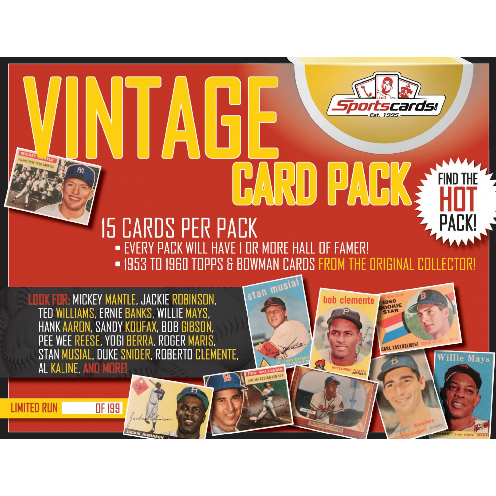 “VINTAGE CARD PACK” 195360’s Baseball (15 Cards) Mystery Pack! Pristine Auction