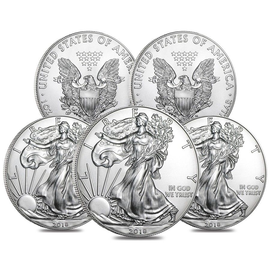 Lot of (5) 2018 $1 American Eagle Silver Dollar $1 Coins (Brilliant Uncirculated) at PristineAuction.com Lot of (5) 2018 $1 American Eagle Silver Dollar $1 Coins (Brilliant Uncirculated) at PristineAuction.com