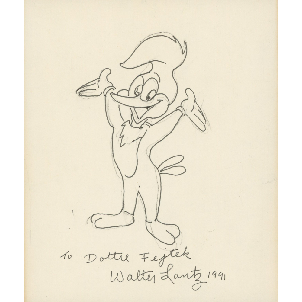 Walter Lantz Signed 5x6 "Woody Woodpecker" Hand Drawn Sketch Inscribed