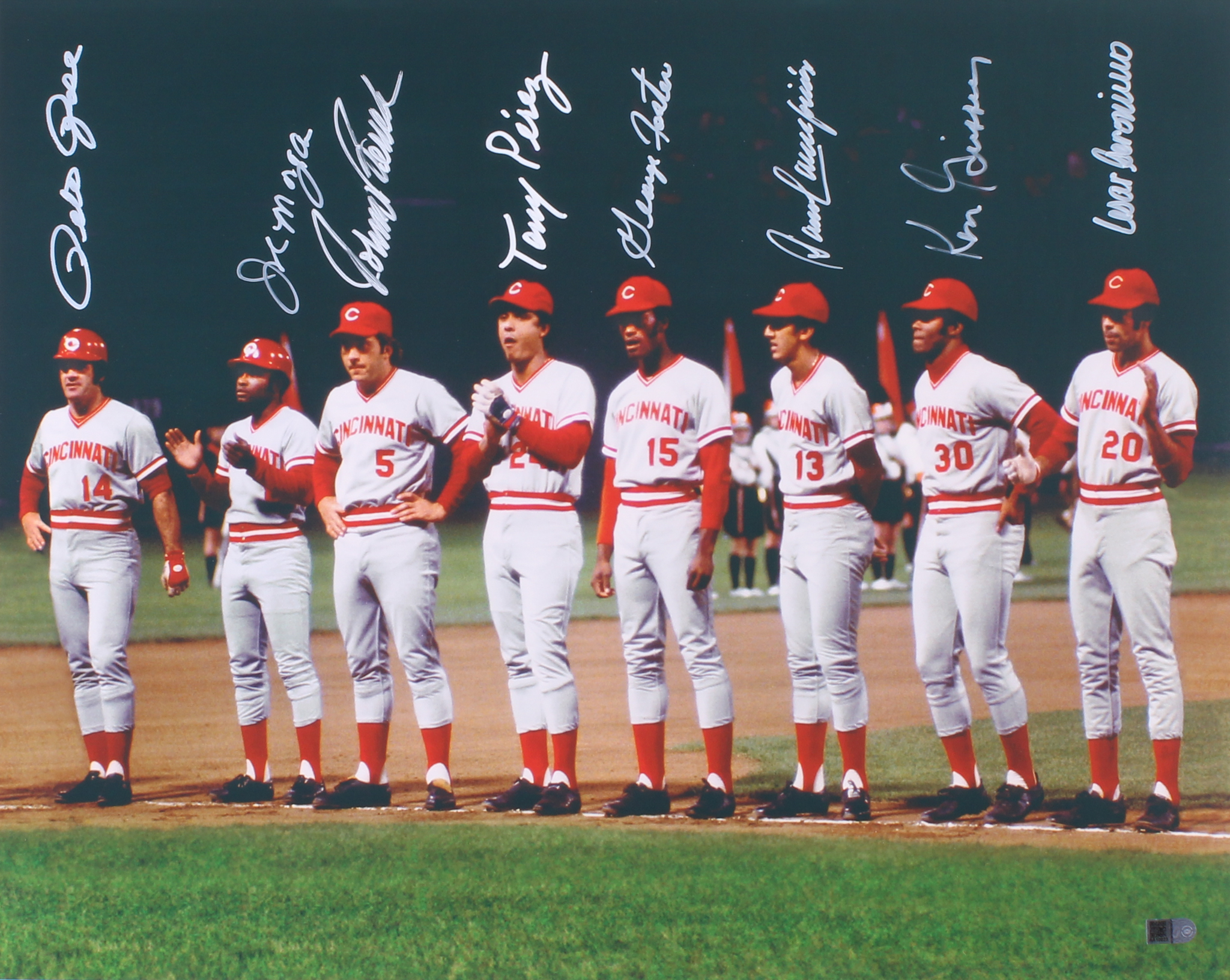 Reds "Big Red Machine" 1975 World Series 16x20 Photo Signed by (8) With Pete Rose, Joe Morgan, Tony Perez, Johnny Bench (AI Verified COA) at PristineAuction.com Reds "Big Red Machine" 1975 World Series 16x20 Photo Signed by (8) With Pete Rose, Joe Morgan, Tony Perez, Johnny Bench (AI Verified COA) at PristineAuction.com