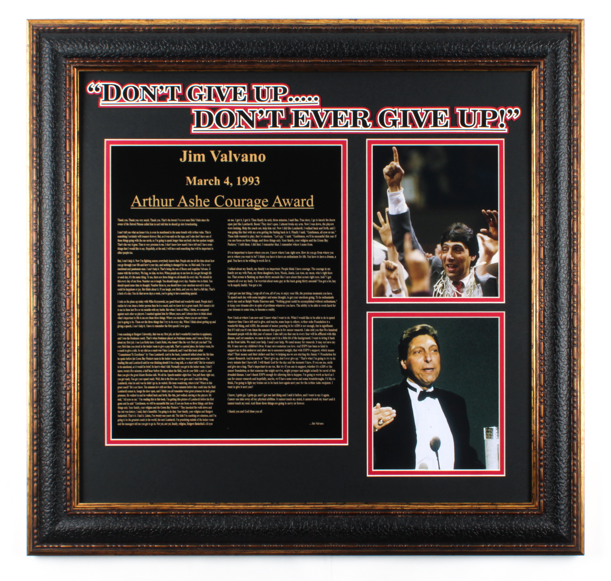 Jim Valvano "Never Give Up" Speech 25.5" x 26.75" Custom Framed Photo Display at PristineAuction.com Jim Valvano "Never Give Up" Speech 25.5" x 26.75" Custom Framed Photo Display at PristineAuction.com