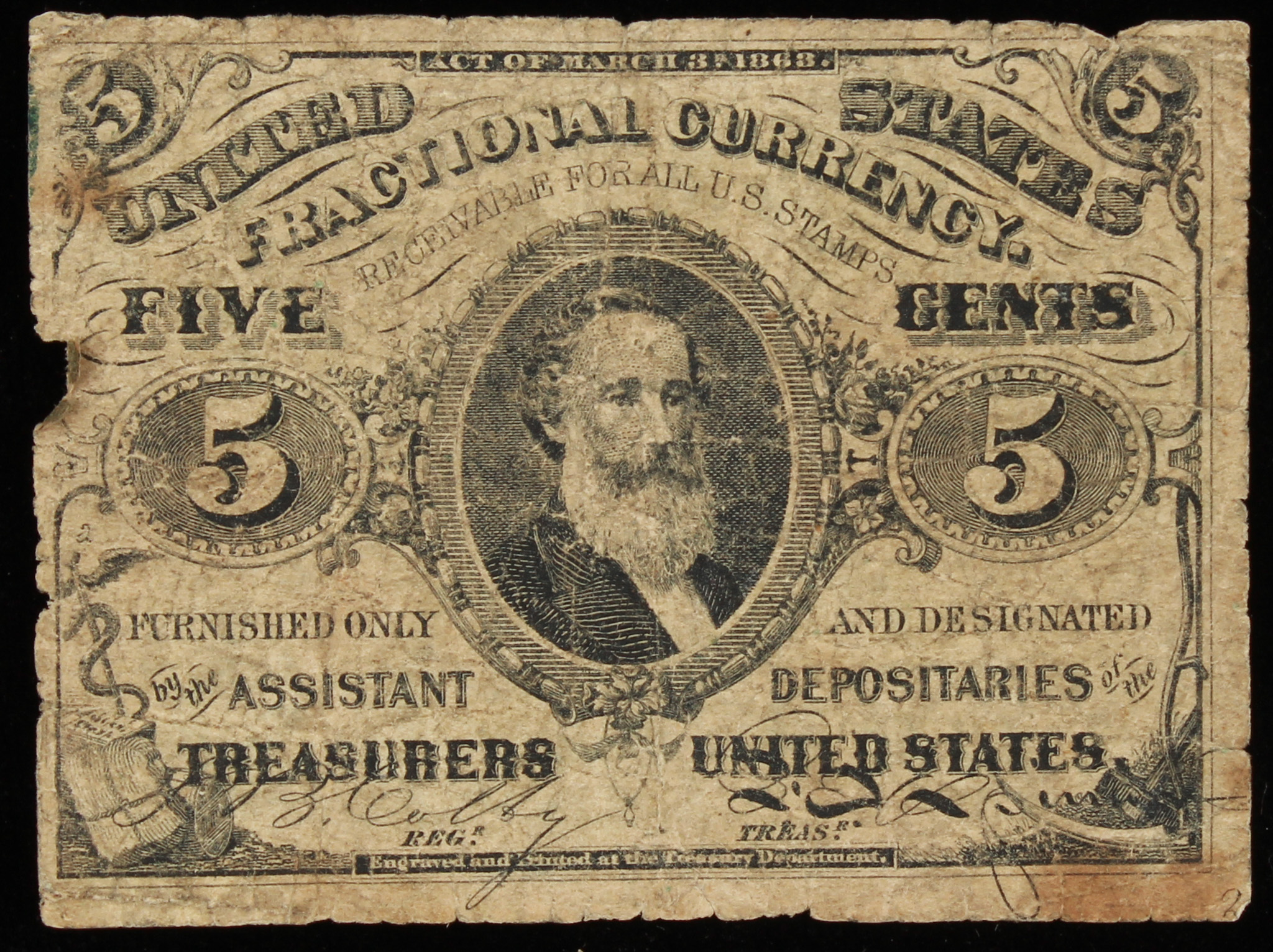 1863 United States 5¢ Five Cents Fractional Bank Note Bill (Third Issue) at PristineAuction.com 1863 United States 5¢ Five Cents Fractional Bank Note Bill (Third Issue) at PristineAuction.com