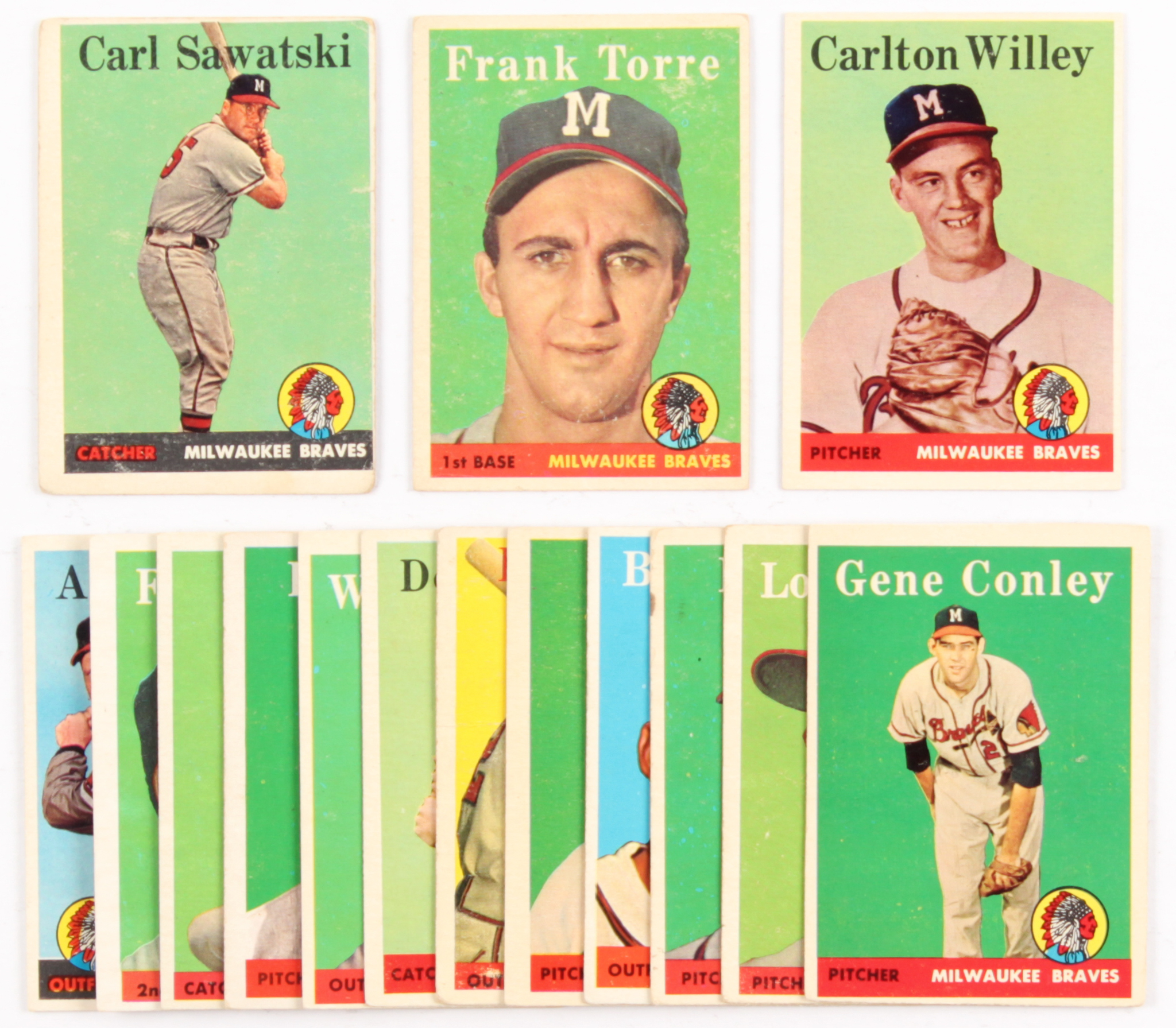 Lot of (15) 1958 Topps Braves Baseball Cards with #117 Frank Torre, #407 Carlton Willey, and #234 Carl Sawatski at PristineAuction.com Lot of (15) 1958 Topps Braves Baseball Cards with #117 Frank Torre, #407 Carlton Willey, and #234 Carl Sawatski at PristineAuction.com