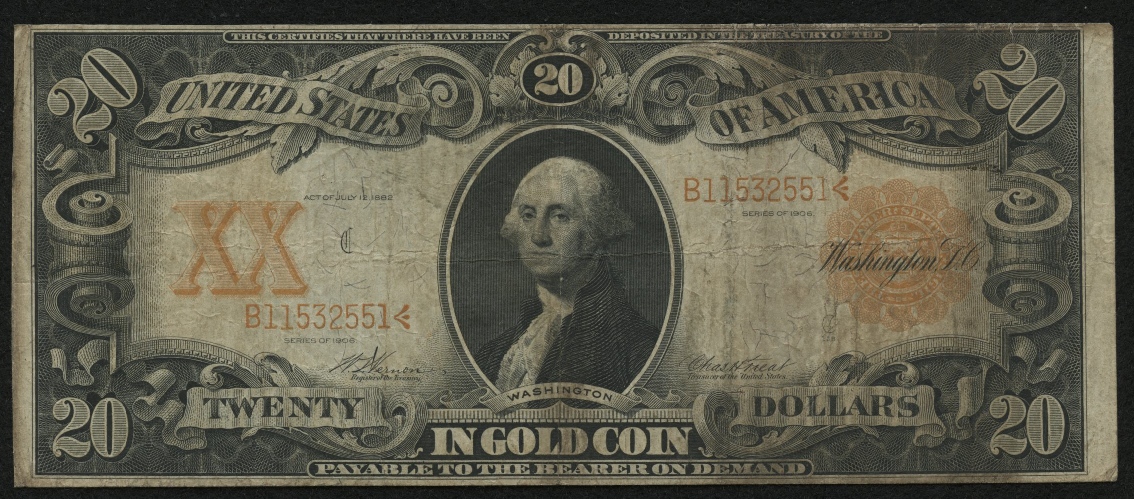 1906 $20 Twenty Dollars U.S. Gold Certificate Large Size Bank Note at PristineAuction.com 1906 $20 Twenty Dollars U.S. Gold Certificate Large Size Bank Note at PristineAuction.com