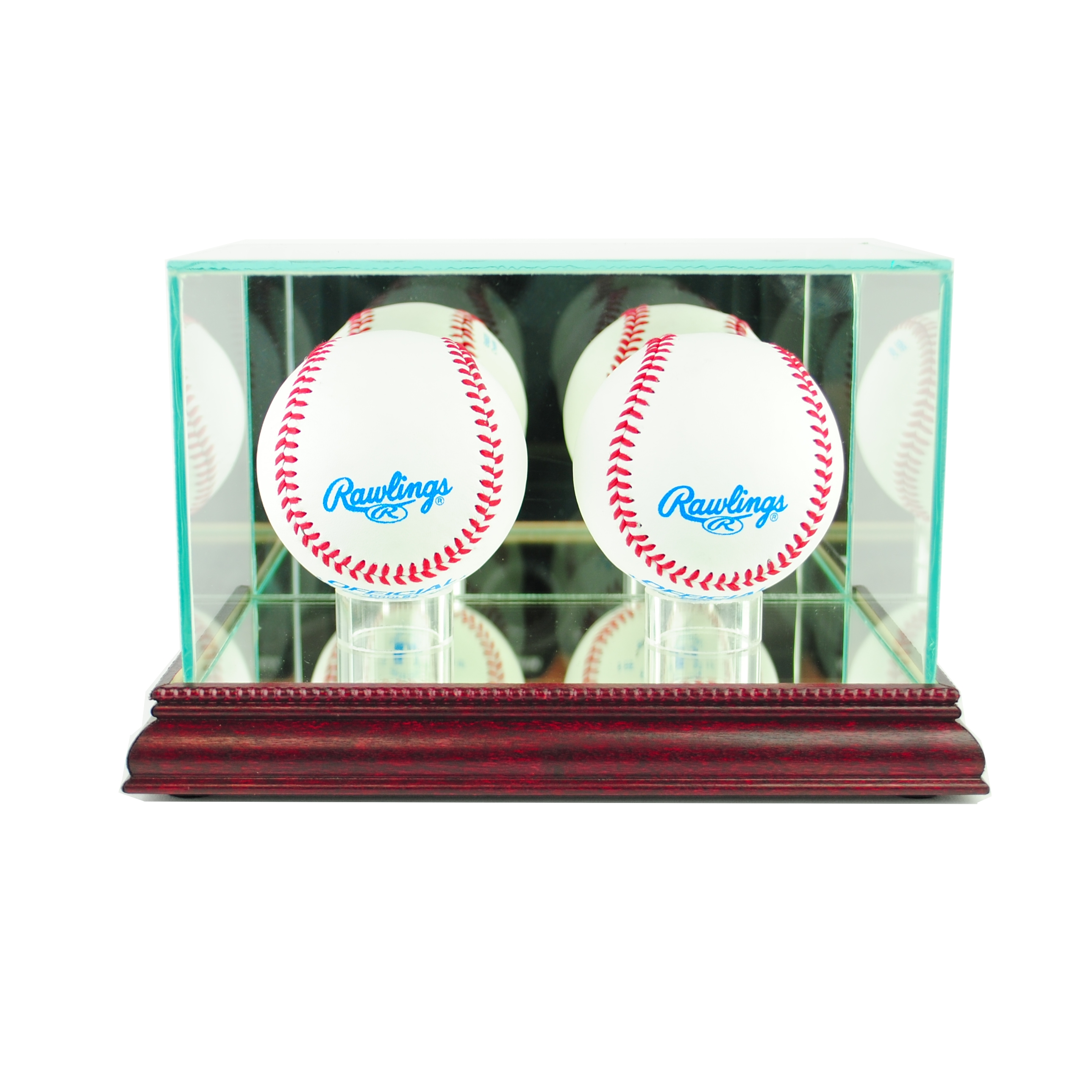 Premium Double Baseball Display Case with Mirrored Cherry Wood Base & Mirrored Back at PristineAuction.com Premium Double Baseball Display Case with Mirrored Cherry Wood Base & Mirrored Back at PristineAuction.com