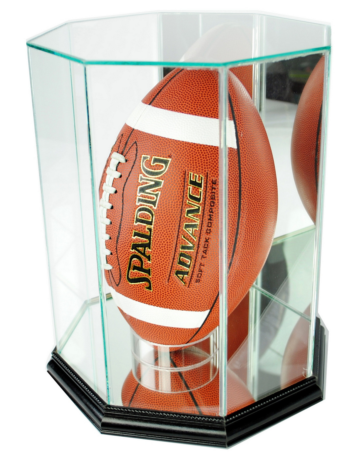 Premium Octagon Upright Football Display Case with Mirrored Back & Black Wood Base at PristineAuction.com Premium Octagon Upright Football Display Case with Mirrored Back & Black Wood Base at PristineAuction.com