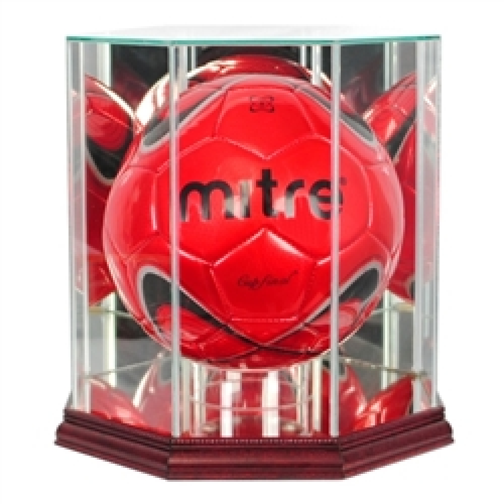 Premium Octagon Soccer Ball Glass Display Case with Mirrored Cherry
